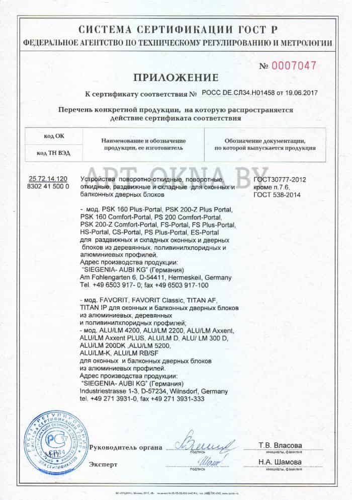 Приложение к сертификату соответствия на продукцию SIEGENIA AUBI